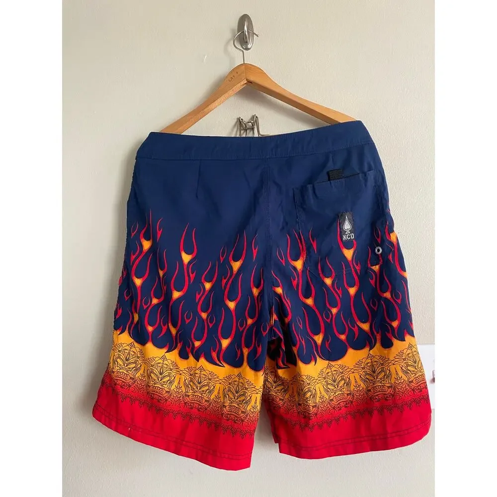 More Core Division MCD Board Shorts Mens 36 9” Inseam Swim Trunks Tiki Flame Y2K
